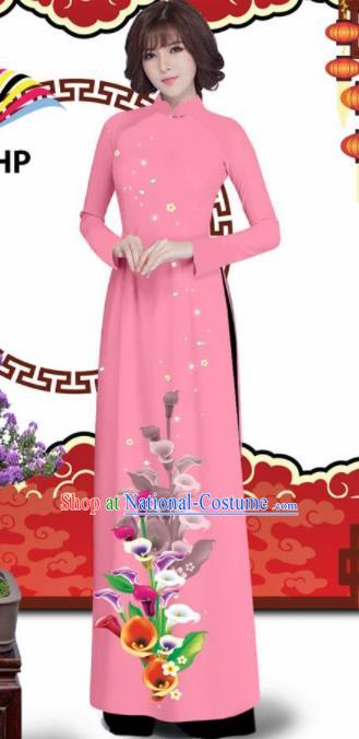 Vietnam Traditional Printing Alocasia Pink Aodai Qipao Dress Asian Vietnamese Bride Classical Cheongsam for Women