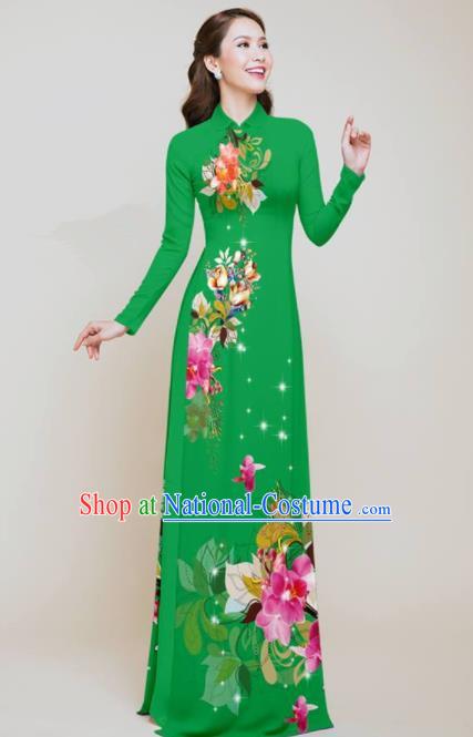 Vietnam Traditional Printing Flowers Green Aodai Qipao Dress Asian Vietnamese Bride Classical Cheongsam for Women