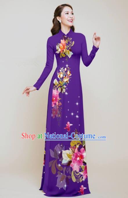 Vietnam Traditional Printing Flowers Purple Aodai Qipao Dress Asian Vietnamese Bride Classical Cheongsam for Women