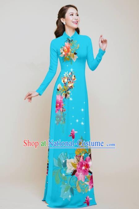 Vietnam Traditional Printing Flowers Blue Aodai Qipao Dress Asian Vietnamese Bride Classical Cheongsam for Women