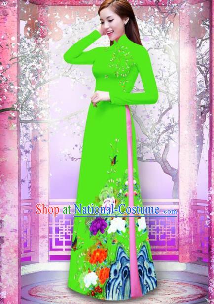 Vietnam Traditional Printing Peony Green Ao Dai Dress Asian Vietnamese Bride Classical Cheongsam for Women