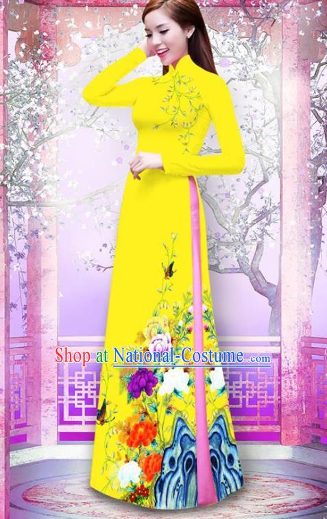 Vietnam Traditional Printing Peony Yellow Ao Dai Dress Asian Vietnamese Bride Classical Cheongsam for Women