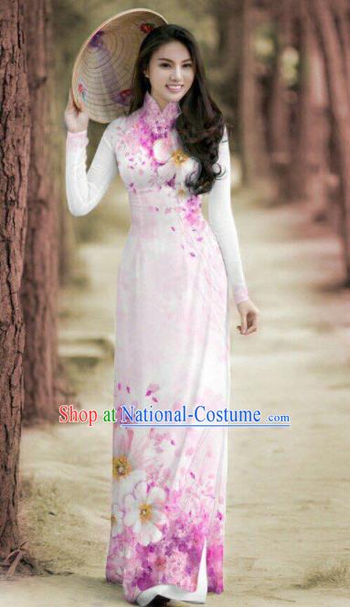 Vietnam Traditional Printing Pink Ao Dai Dress Asian Vietnamese Bride Classical Cheongsam for Women