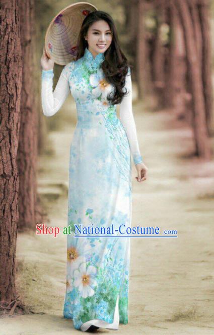 Vietnam Traditional Printing Blue Ao Dai Dress Asian Vietnamese Bride Classical Cheongsam for Women