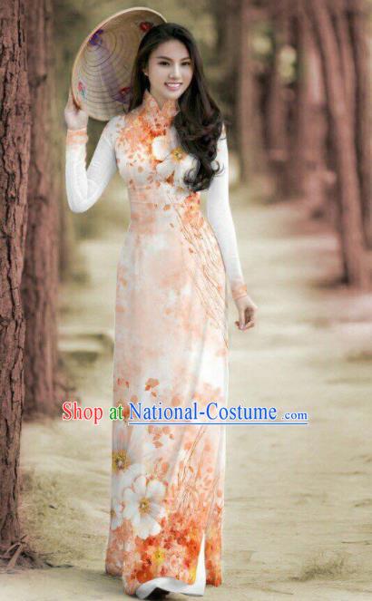 Vietnam Traditional Printing Orange Ao Dai Dress Asian Vietnamese Bride Classical Cheongsam for Women