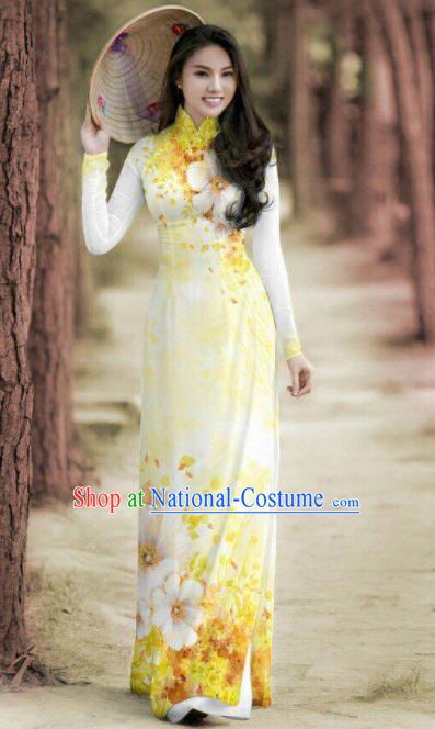 Vietnam Traditional Printing Yellow Ao Dai Dress Asian Vietnamese Bride Classical Cheongsam for Women