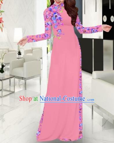 Vietnam Traditional Printing Pink Ao Dai Dress Asian Vietnamese Bride Classical Cheongsam for Women