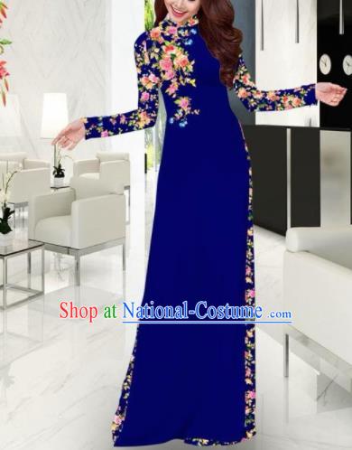 Vietnam Traditional Printing Royalblue Ao Dai Dress Asian Vietnamese Bride Classical Cheongsam for Women