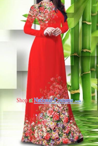 Vietnam Classical Printing Roses Red Ao Dai Dress Asian Traditional Vietnamese Bride Cheongsam for Women