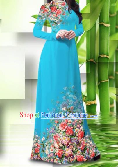 Vietnam Classical Printing Roses Blue Ao Dai Dress Asian Traditional Vietnamese Bride Cheongsam for Women