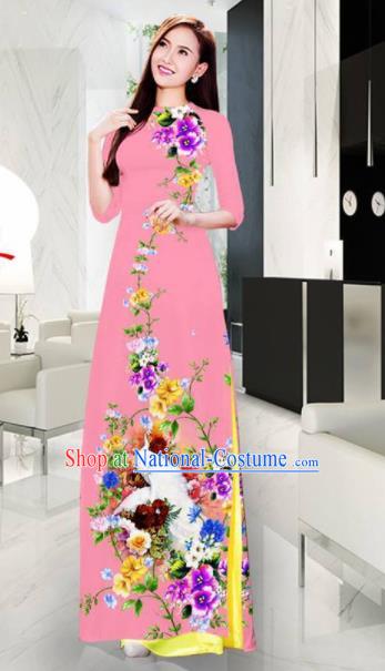 Vietnam Classical Printing Crane Pink Ao Dai Dress Asian Traditional Vietnamese Bride Cheongsam for Women