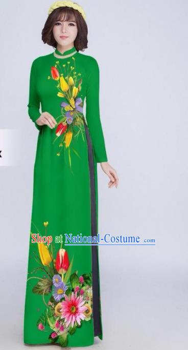 Vietnam Classical Printing Tulip Green Ao Dai Dress Asian Traditional Vietnamese Bride Cheongsam for Women