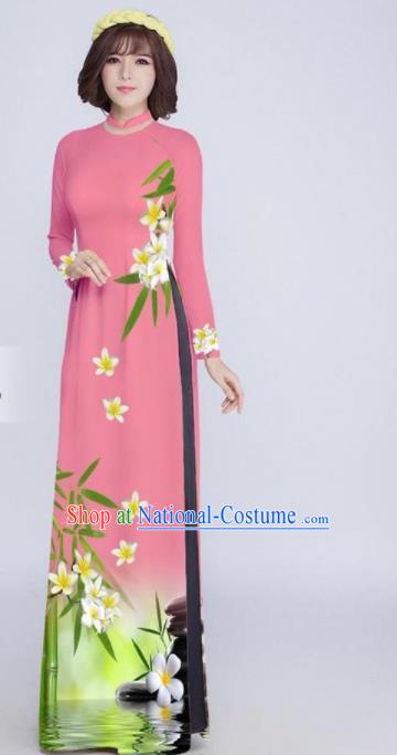 Vietnam Classical Printing Pink Ao Dai Dress Asian Traditional Vietnamese Bride Cheongsam for Women