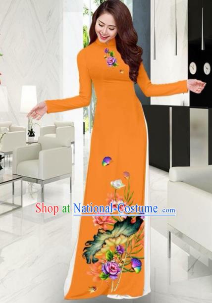 Vietnam National Costume Classical Printing Lotus Orange Ao Dai Dress Asian Traditional Vietnamese Cheongsam for Women