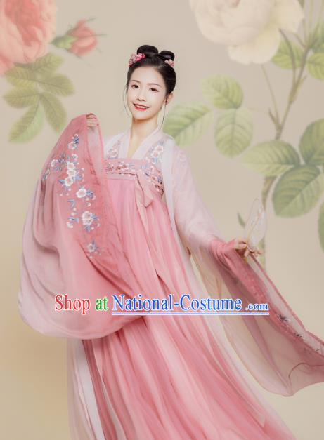 Chinese Traditional Ancient Peri Embroidered Pink Hanfu Dress Tang Dynasty Imperial Princess Historical Costume for Women