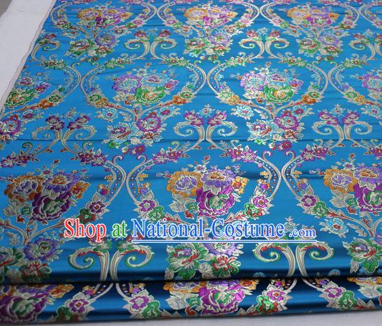 Asian Chinese Traditional Tang Suit Royal Peony Vase Pattern Blue Brocade Satin Fabric Material Classical Silk Fabric