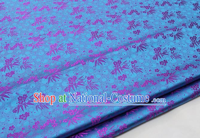 Asian Chinese Traditional Tang Suit Royal Plum Blossom Bamboo Pattern Lake Blue Brocade Satin Fabric Material Classical Silk Fabric