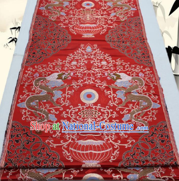 Asian Chinese Traditional Tang Suit Royal Double Dragons Pattern Red Brocade Satin Fabric Material Classical Silk Fabric