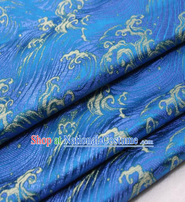 Asian Chinese Traditional Classical Waves Pattern Blue Brocade Tang Suit Satin Fabric Material Classical Silk Fabric