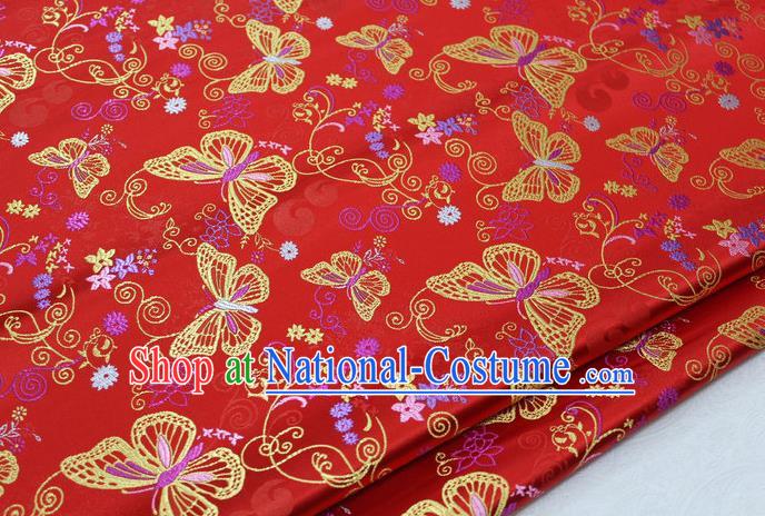 Asian Chinese Traditional Classical Butterfly Pattern Red Brocade Tang Suit Satin Fabric Material Classical Silk Fabric