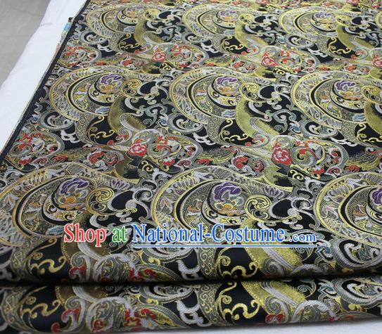 Asian Chinese Traditional Tang Suit Royal Waves Pattern Black Brocade Satin Fabric Material Classical Silk Fabric