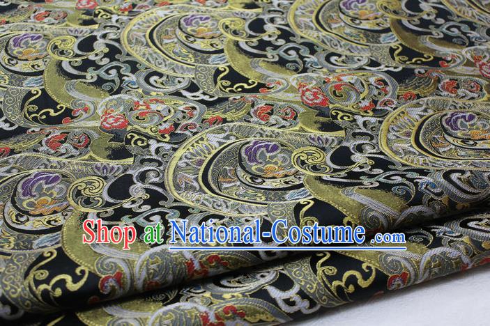 Asian Chinese Traditional Tang Suit Royal Waves Pattern Black Brocade Satin Fabric Material Classical Silk Fabric