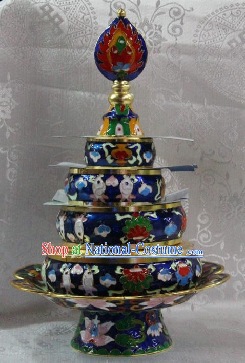 Chinese Traditional Buddhism Brass Cloisonne Blue Tray Feng Shui Items Vajrayana Buddhist Teaboard Decoration