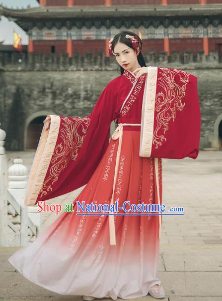 Chinese Traditional Ancient Princess Wedding Red Hanfu Dress Han Dynasty Court Lady Embroidered Historical Costume for Women