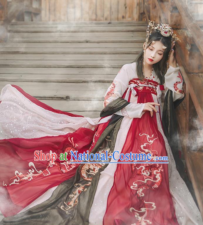 Chinese Ancient Goddess Red Hanfu Dress Traditional Tang Dynasty Court Lady Embroidered Historical Costume for Women