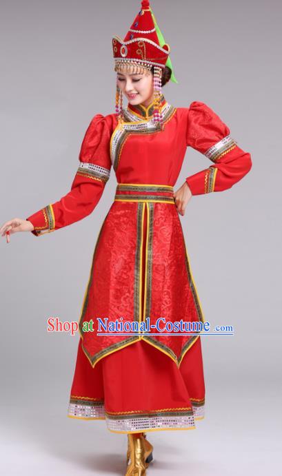 Chinese Mongolian Ethnic Folk Dance Red Dress Traditional Mongol Nationality Princess Costume for Women