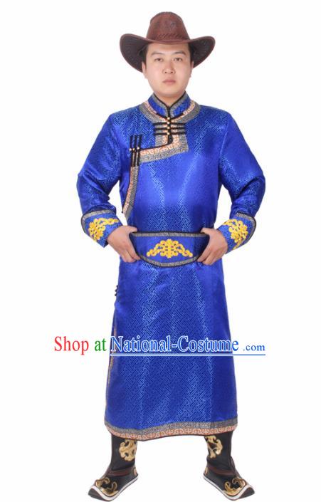 Chinese Ethnic Prince Costume Royalblue Mongolian Robe Traditional Mongol Nationality Folk Dance Clothing for Men