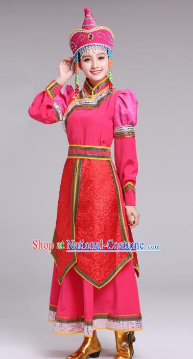 Chinese Mongolian Ethnic Folk Dance Rosy Dress Traditional Mongol Nationality Princess Costume for Women