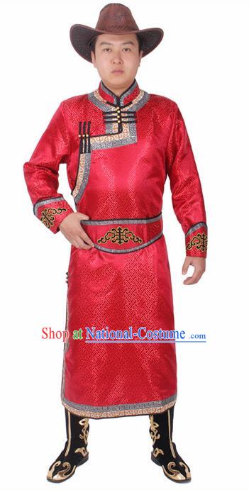 Chinese Ethnic Prince Costume Red Mongolian Robe Traditional Mongol Nationality Folk Dance Clothing for Men