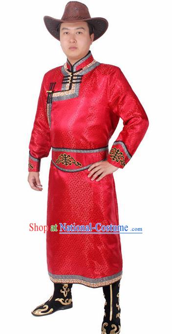 Chinese Ethnic Prince Costume Red Mongolian Robe Traditional Mongol Nationality Folk Dance Clothing for Men