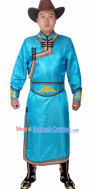 Chinese Ethnic Prince Costume Blue Mongolian Robe Traditional Mongol Nationality Folk Dance Clothing for Men