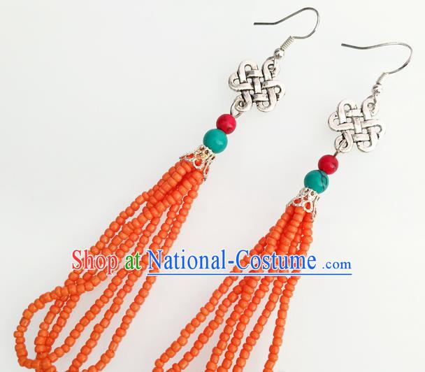 Traditional Chinese Mongol Nationality Orange Beads Ear Accessories Mongolian Ethnic Folk Dance Earrings for Women