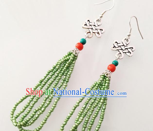 Traditional Chinese Mongol Nationality Green Beads Ear Accessories Mongolian Ethnic Folk Dance Earrings for Women