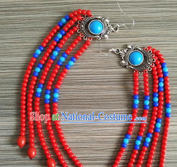 Traditional Chinese Mongol Nationality Red Beads Ear Accessories Mongolian Ethnic Folk Dance Earrings for Women