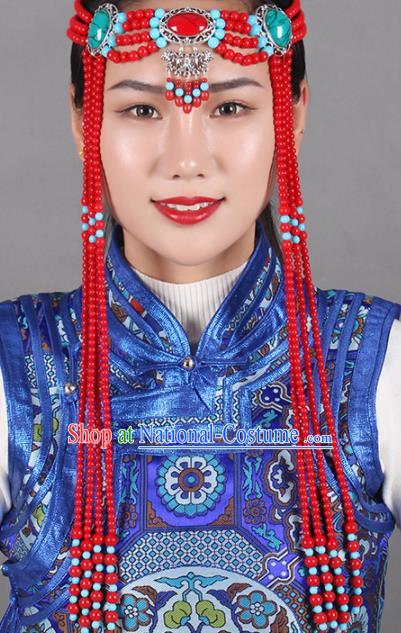 Chinese Mongolian Ethnic Tassel Hair Accessories Traditional Mongol Nationality Folk Dance Red Beads Headband for Kids