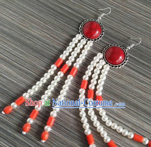 Traditional Chinese Mongol Nationality Orange Ear Accessories Mongolian Ethnic Folk Dance Earrings for Women