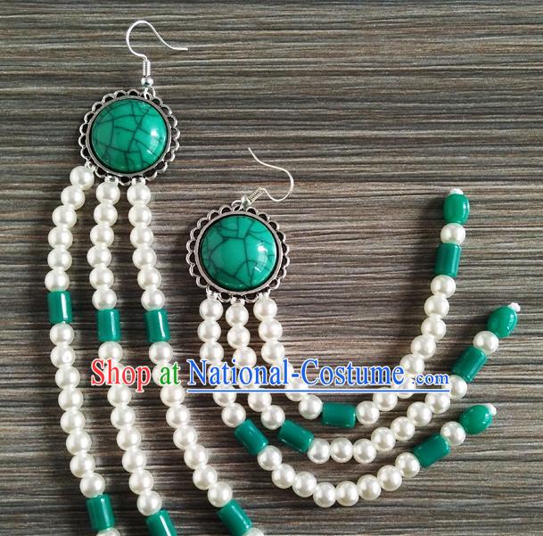 Traditional Chinese Mongol Nationality Green Ear Accessories Mongolian Ethnic Folk Dance Earrings for Women