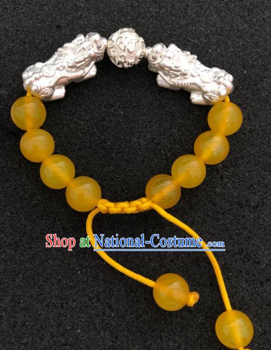 Traditional Chinese Mongol Nationality Yellow Chalcedony Bracelet Accessories Mongolian Ethnic Pixiu Bangle for Women