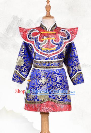 Chinese Ethnic Costume Royalblue Brocade Robe Traditional Mongol Nationality Folk Dance Clothing for Kids