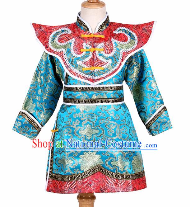 Chinese Ethnic Costume Blue Brocade Robe Traditional Mongol Nationality Folk Dance Clothing for Kids