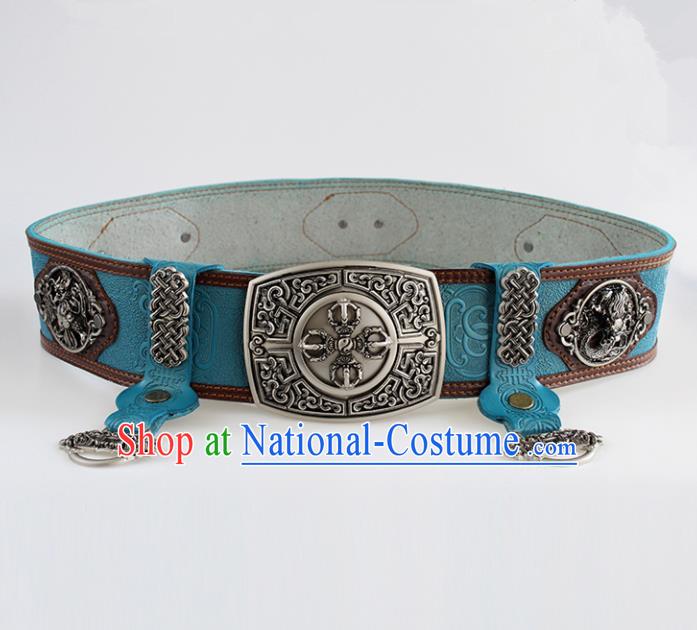 Chinese Mongolian Ethnic Waist Accessories Traditional Mongol Nationality Blue Leather Belts for Men