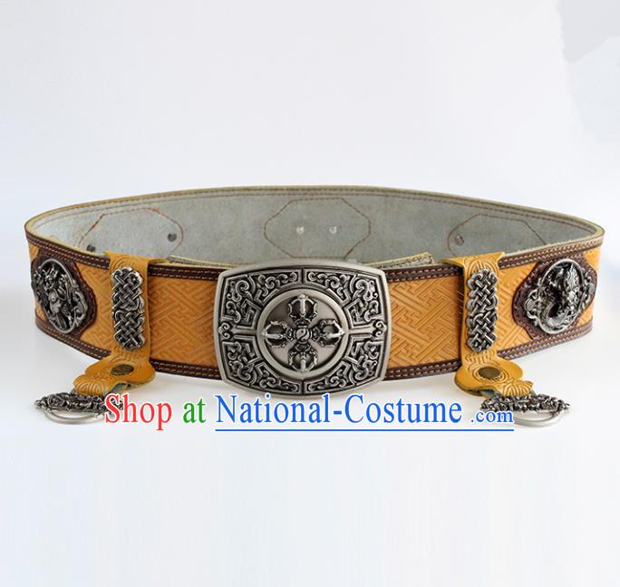 Chinese Mongolian Ethnic Waist Accessories Traditional Mongol Nationality Yellow Leather Belts for Men