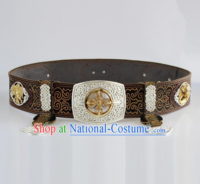 Chinese Mongolian Ethnic Waist Accessories Traditional Mongol Nationality Black Leather Belts for Men