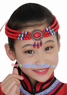 Chinese Mongolian Ethnic Red Beads Tassel Hair Accessories Traditional Mongol Nationality Folk Dance Headband for Kids