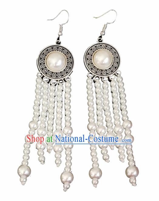 Chinese Mongolian Ethnic Ear Accessories Traditional Mongol Nationality White Beads Tassel Earrings for Women