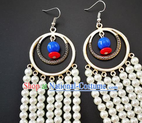 Traditional Chinese Mongolian Ethnic Folk Dance Ear Accessories Mongol Nationality White Beads Earrings for Women